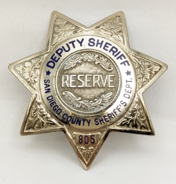 1990s-2000s San Diego Co CA Reserve Deputy Sheriff Badge #805 by Entenmann Rovin